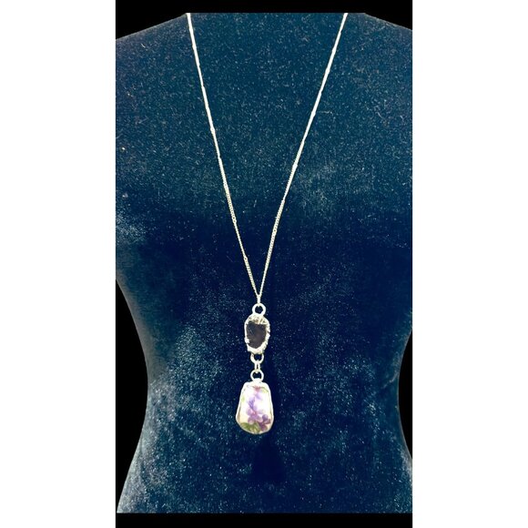Violets Broken China & Sea Glass Artisan Silver-Blend Metalwork Bezel Pendant - Picture 3 of 17